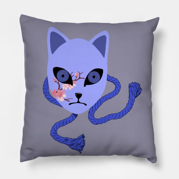 Sakura Fox Mask (Blue) Pillow by Basicallyimbored