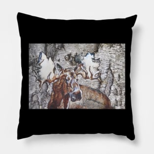 Majestic Moose Head with Enormous Antlers - Birch Bark Painting Pillow