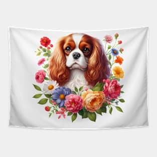 A cavalier king charles spaniel with beautiful colorful flowers Tapestry