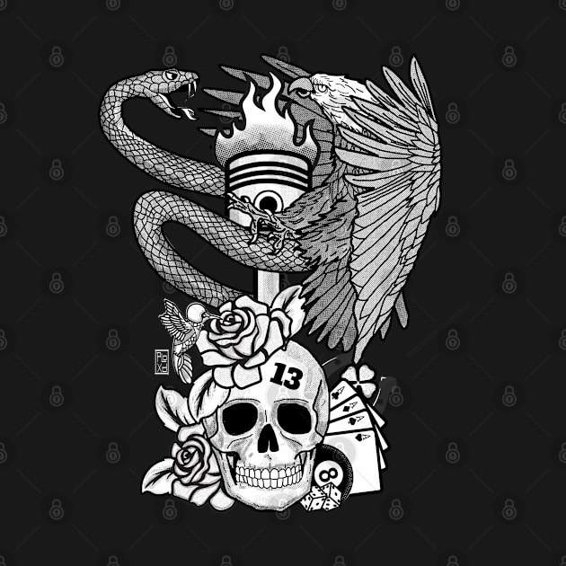 Eagle, Snake and Skull - Black and White by ploxd