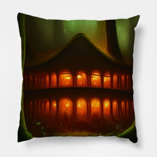 Magical Big Cottage Mushroom House with Lights in Forest with High Trees, Mushroom Aesthetic Pillow