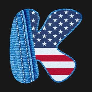 Letter K with the texture of blue denim fabric and USA flag - Monogram K with jean fabric and American flag- jean fabric english alphabet A to Z T-Shirt