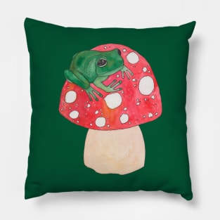 Green frog on red mushroom fly agaric Pillow