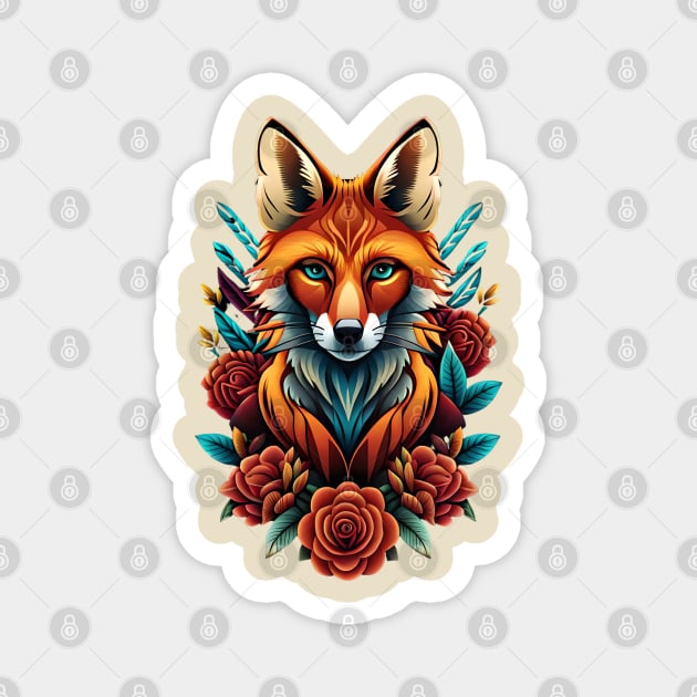 Fox and flowers tattoo style 8 Magnet by Dandeliontattoo