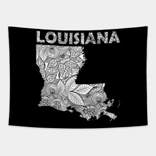 Mandala art map of Louisiana with text in white Tapestry