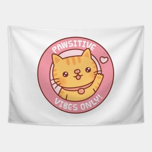 Cute Tabby Cat Pawsitive Vibes Only Motivational Pun Tapestry