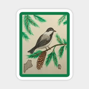 Maine state bird and flower, the chickadee and pine cone Magnet