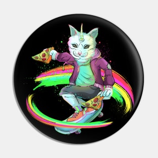 Unicorn Skateboarding Cat in Space Pizza Pin