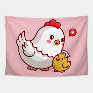 Cute Mom Chicken And Chick Cartoon Tapestry