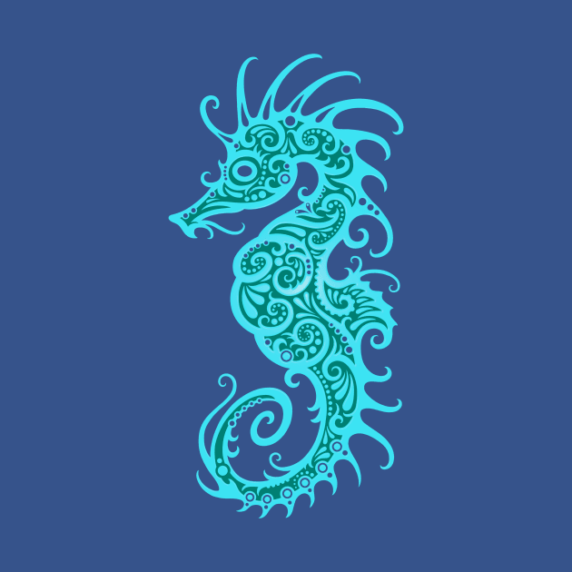 Intricate Teal Blue Tribal Seahorse Design by jeffbartels