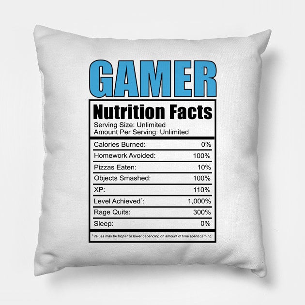 Gamer Nutrition Facts Video Games Kids Boys Funny Gaming Console Controller Level Retro Pillow by Shirtsurf