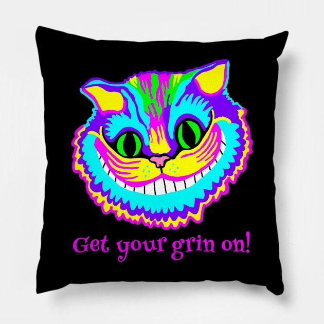 Get Your Grin On Psychedelic Cat Pillow by imphavok