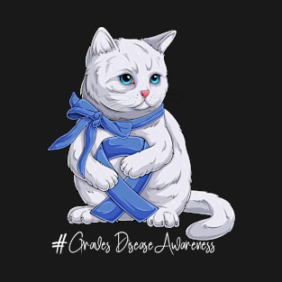 Cute Cat Graves Disease Awareness Month Blue Ribbon Survivor Survivor Gift Idea T-Shirt