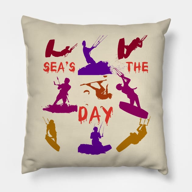 Kitesurfer Silhouette Pattern With Seas The Day Quote Pillow by taiche