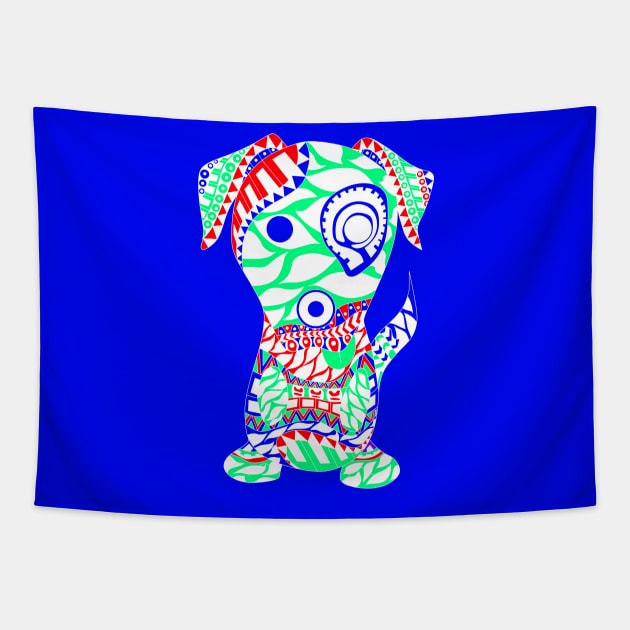 kawaii dog in mexican tribal totonac magical patterns art ecopop Tapestry by jorge_lebeau