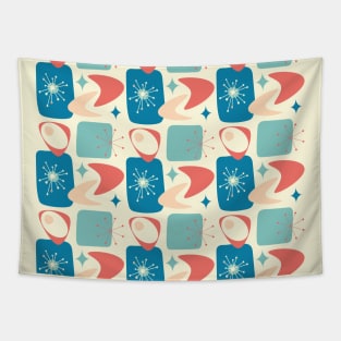 Atomic Age Mid-Century Pattern in Blue, Yellow, Peach and Dark Salmon Tapestry