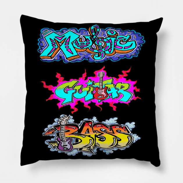 Music,guitar and Bass Graffiti urban art by LowEndGraphics Pillow by LowEndGraphics