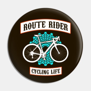 Route rider, cycling life art with blue back cassette or back pinion and white route bycicle Pin