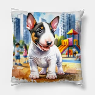 Watercolor Miniature Bull Terrier Puppies - Cute Puppy Pillow