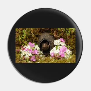 George the mouse in a log pile House spring flowers Pin