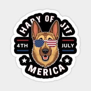 A cartoon German Shepherd in American flag colors has an American flag-colored face, wearing American flag-colored sunglasses Magnet