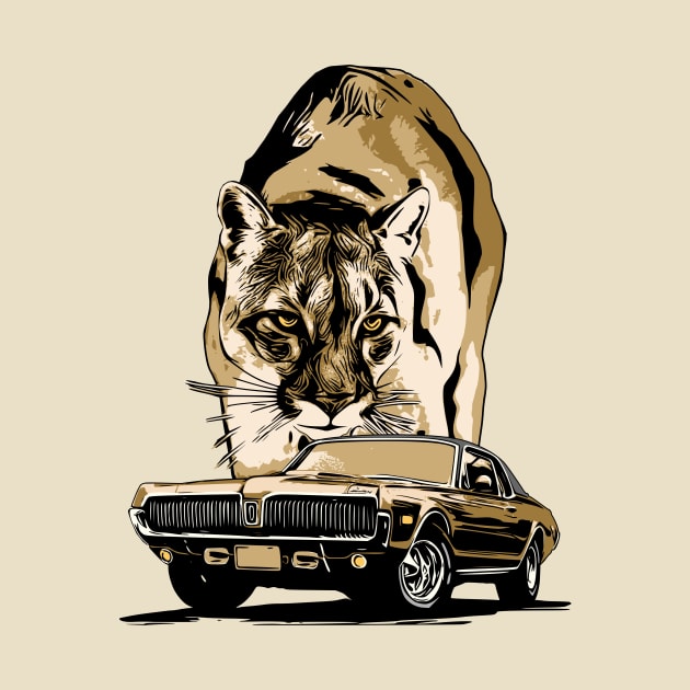 1968 Mercury Cougar with cougar cat backdrop, gold theme. Original design by ZoeysGarage