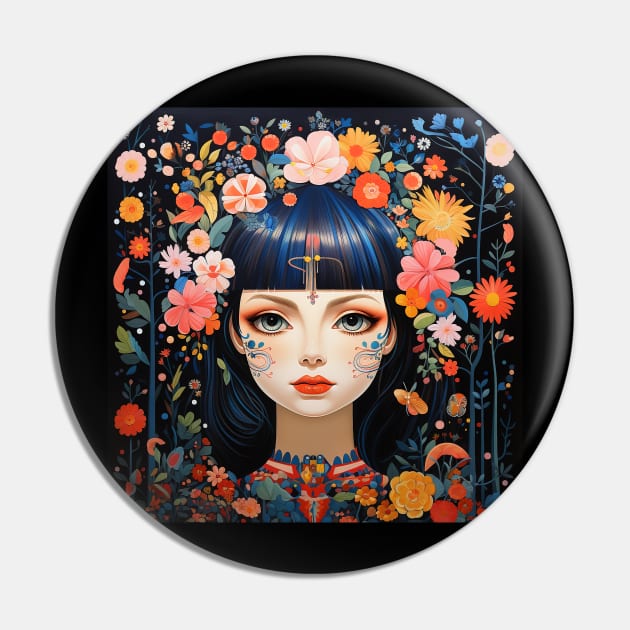 Surrealistic Folk Art Dark Floral Motif Young Fairy Maiden Girl Pin by The Little Store Of Magic