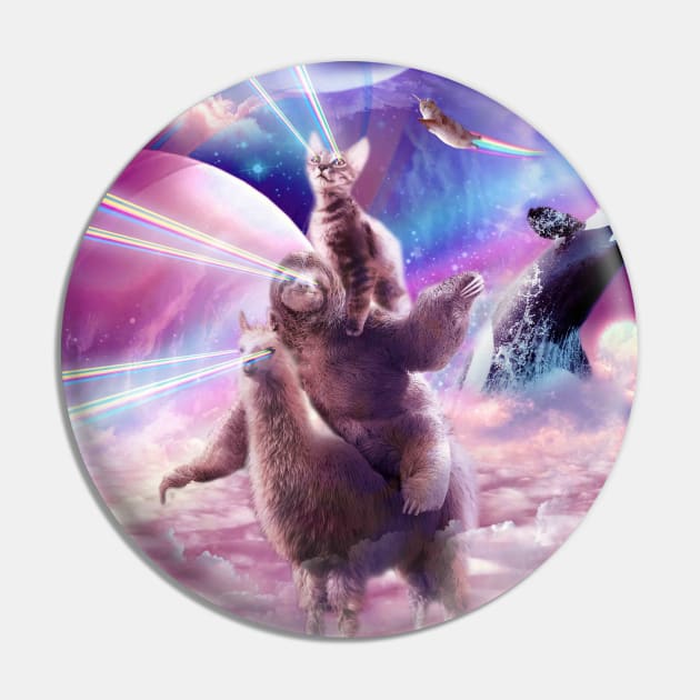 Laser Eyes Space Cat On Sloth Llama - Rainbow Pin by Random Galaxy