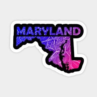 Colorful mandala art map of Maryland with text in blue and violet Magnet