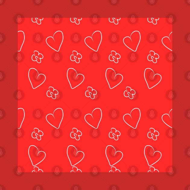 Red background illustration with heart and flowers. Decorative design pattern, love by grafinya