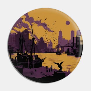 Baltimore Inner Harbor Through the Ages T-Shirt: A Timeless Tribute in Purple, Black, and Gold Cutout Style Pin