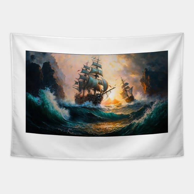 Naval Battle Between Pirate Sailing Ships, Caribbean Seascape #5 Tapestry by AntielARt