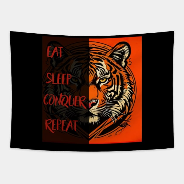 Tiger head: eat, sleep, conquer, repeat Tapestry by Mkt design