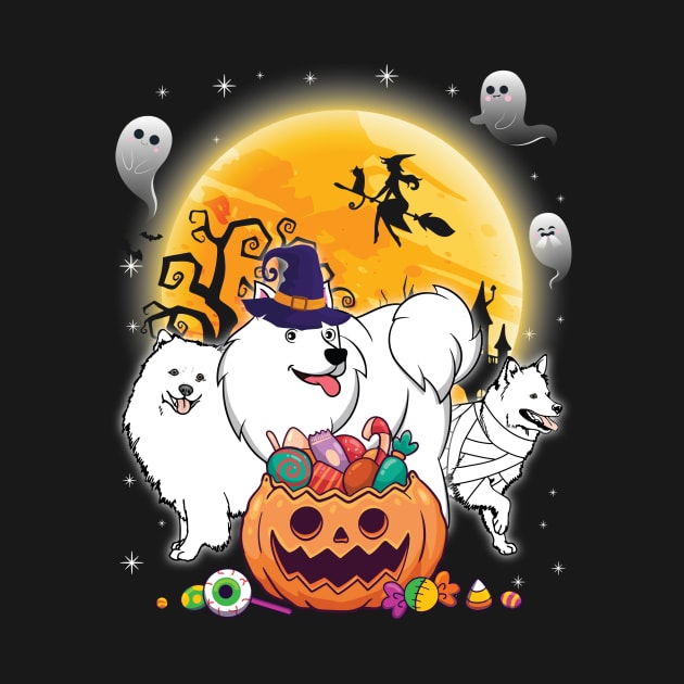 American Eskimo Dog Mummy Witch Moon Ghosts Happy Halloween Thanksgiving Merry Christmas Day by joandraelliot