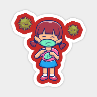 Cute Girl Hold And Wear Mask Cartoon Magnet