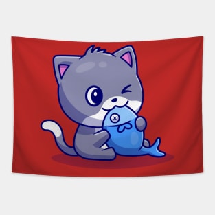 Cute Cat Eating Fish Cartoon Tapestry