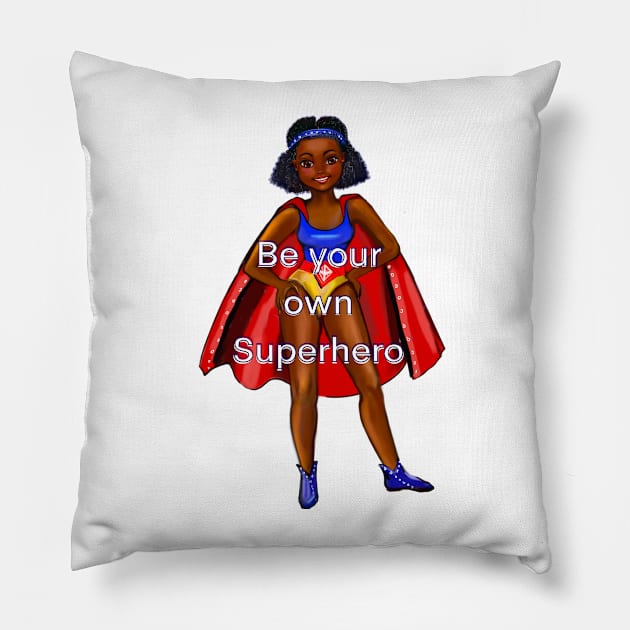 Be your own superhero 3 - Black anime superhero girl with red cape ! beautiful  black girl with Afro hair, brown eyes, Cherry pink lips and dark brown skin. Hair love ! Pillow by Artonmytee