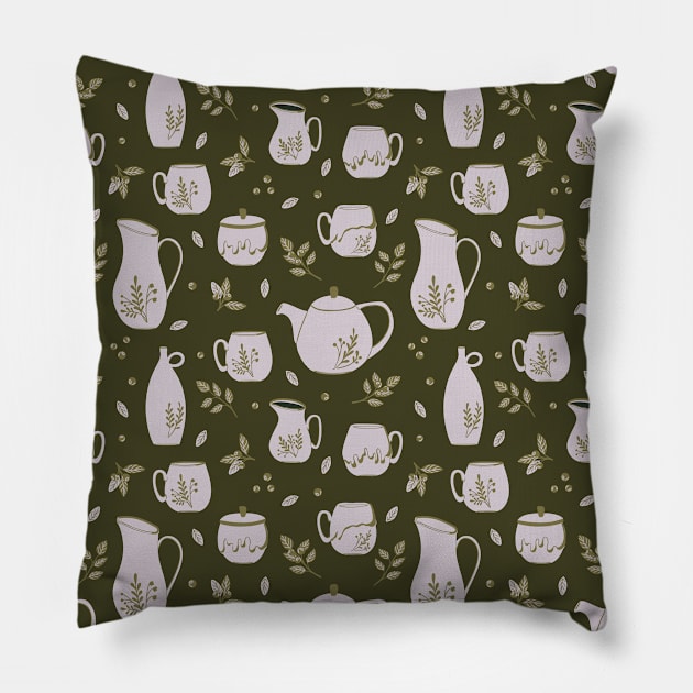 Pattern with ceramic kitchenware, blueberry and leaves Pillow by DanielK