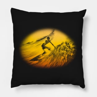Surfer Catching Wave at Sunset in 1980s Vintage Look Pillow
