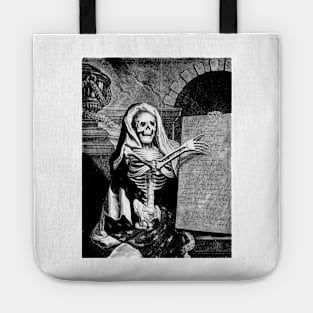 A skeleton holding an inscribed plaque Tote