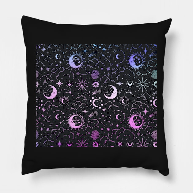 Celestial Witchy Pattern - Pink and Blue Gradient Pillow by rosiemoonart