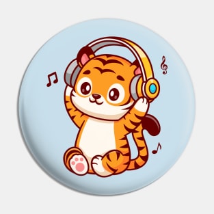 Cute Tiger Listening Music With Headphone Cartoon Pin