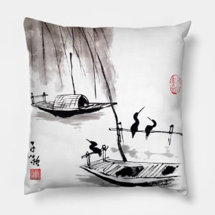 Boat on a lake Pillow