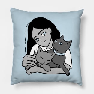 Cute girl and gray cat Pillow