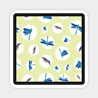 Dragonflies and Kingfisher in circles on green background Magnet