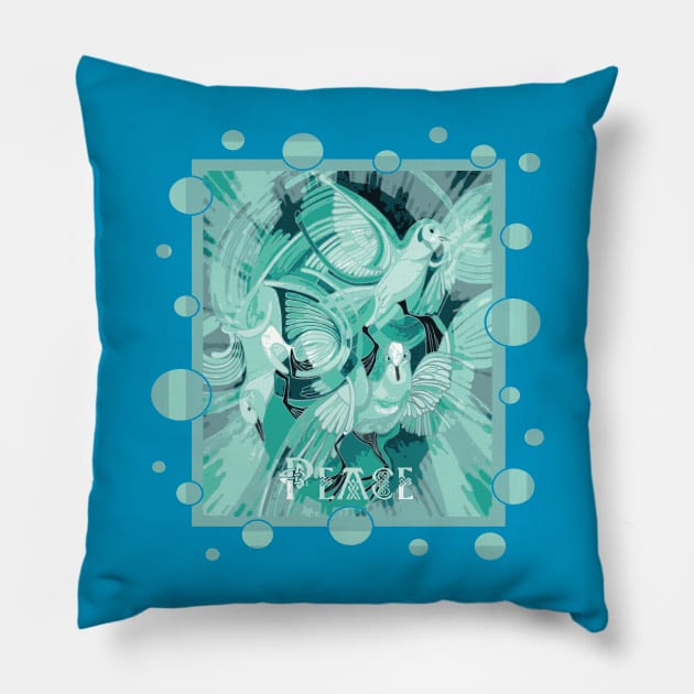 Dove With Celtic Peace Text In Aqua Tones Pillow by taiche