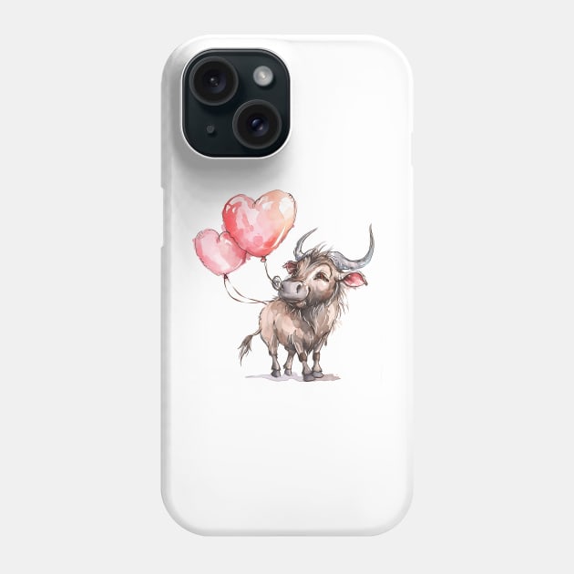 Valentine Wildebeest Holding Heart Shaped Balloons Phone Case by Chromatic Fusion Studio