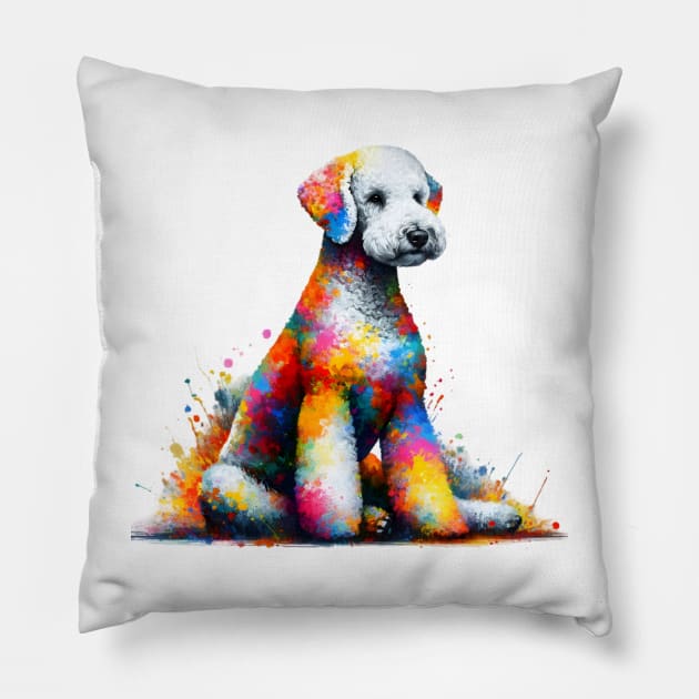 Vibrant Bedlington Terrier Portrait in Colorful Splash Style Pillow by ArtRUs