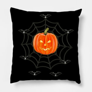 HALLOWEEN Jack O' Lantern caught in a Spiderweb Pillow