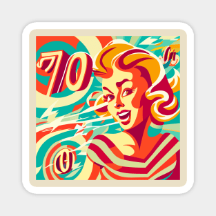 Abstract retro illustration of a girl in the style of the 70's on a multicolored background Magnet